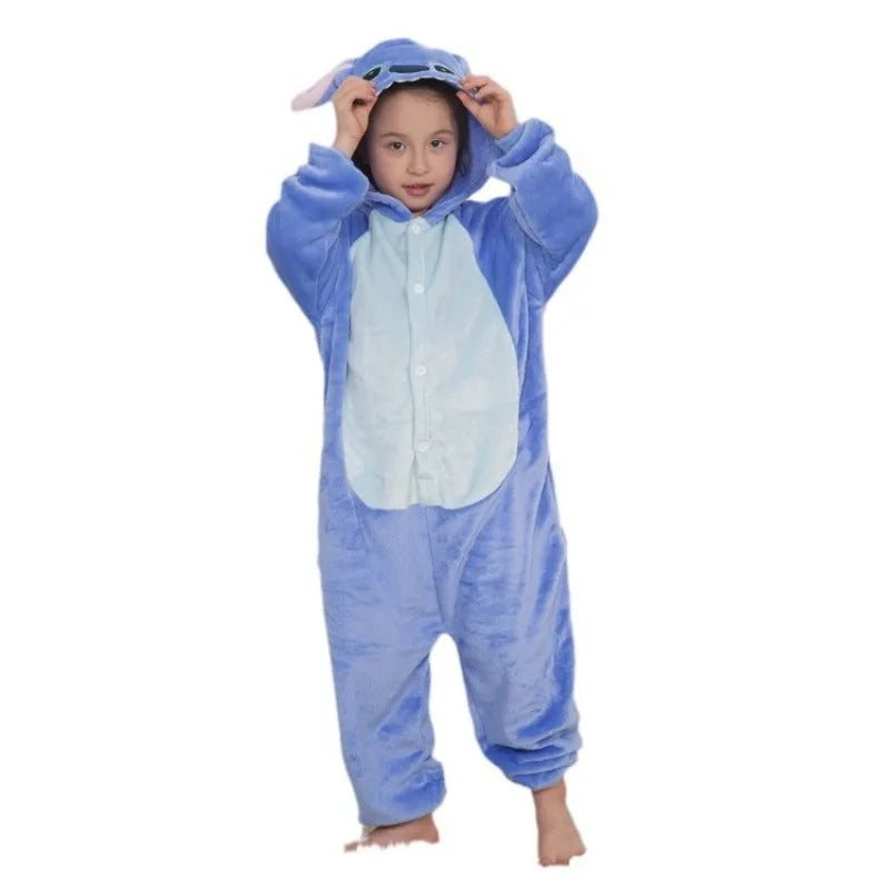 Maxy Christmas Cartoon Lilo & Stitch One-Piece Pajamas Disney Children Plush Kigurumi Onesies Winter Warm Clothes Boys Girls Gift