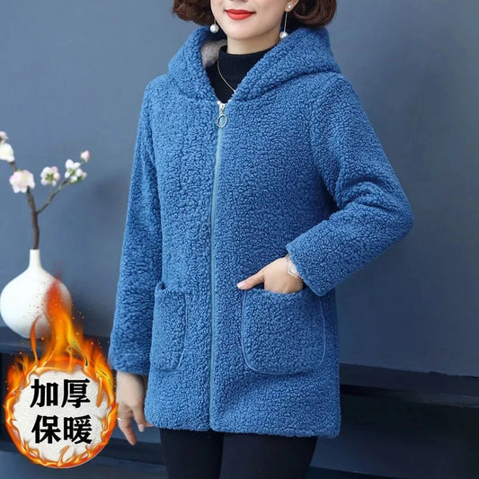 Maxy Mother Winter Coat Hooded Middle-Aged Women's Clothing Velvet Thick Polar Fleece Wool Jacket Cotton-Padded Jacket Women Elegant