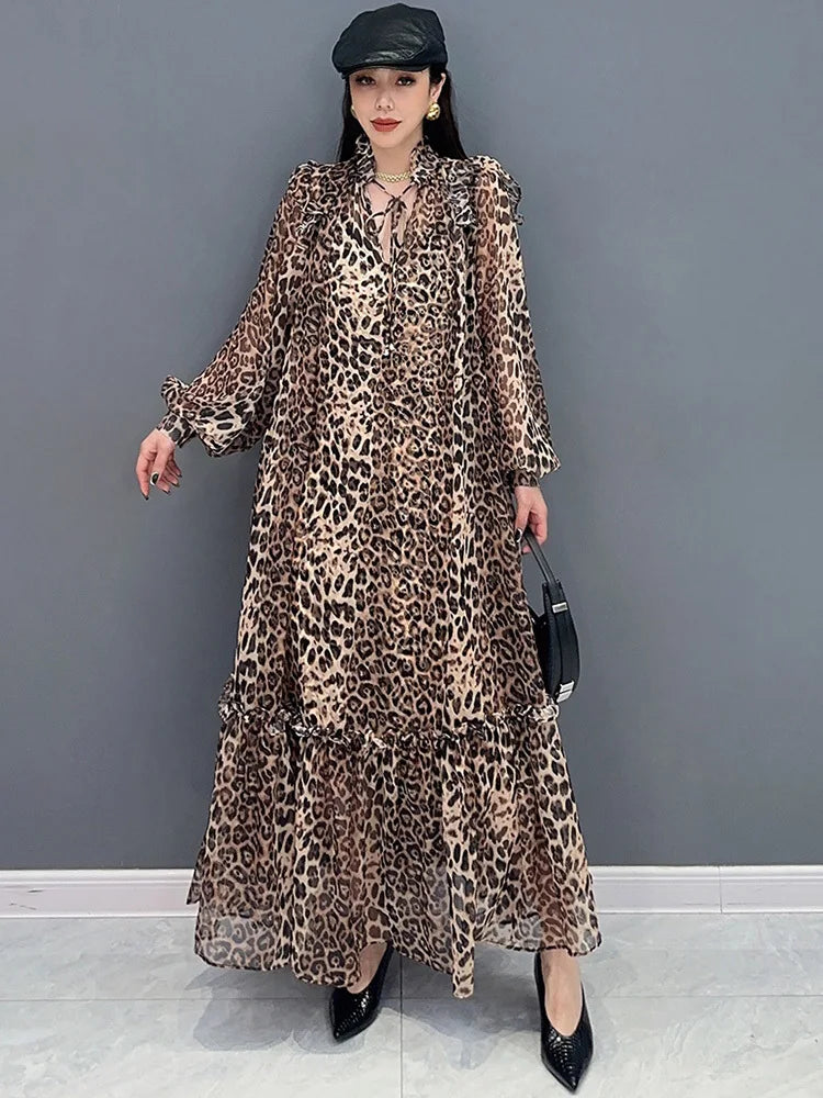 Babs Spring Summer New Dress Chiffon Printed Leopard Pattern Spliced Long Sleeved Ruffle Edge Elegant Dresses 5R9651