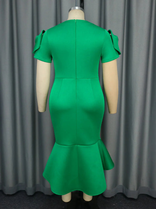 Retro Women's Slim Fit Dress Green Three-dimensional Rose Short Sleeved Slim Fit Mid Waist Professional Business Midi Dresses