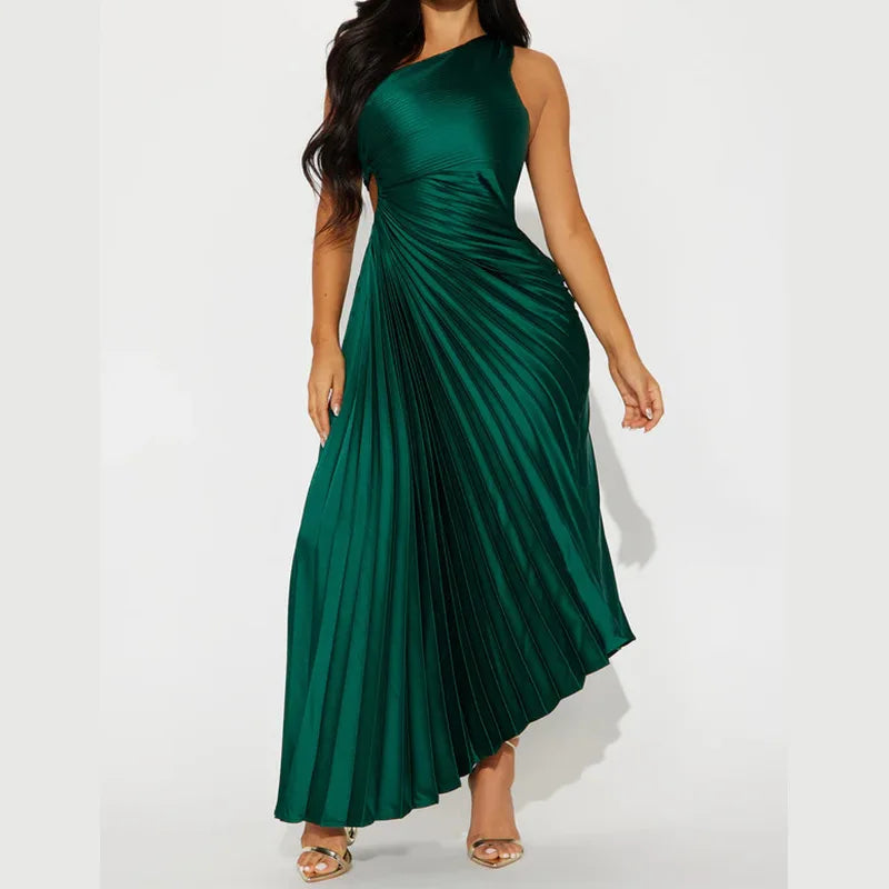 Maxy Spring Evening Banquet Elegant Hip-Hugging Off-One-Shoulder Round Cutout Pleated Women's Fashion Dress