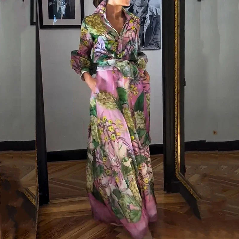 Maxy Casual Lapel Lantern Sleeve Shirt + Long Skirt Suit Fashion Lace Up Party Outfit Elegant Pattern Print Autumn 2 Piece Sets