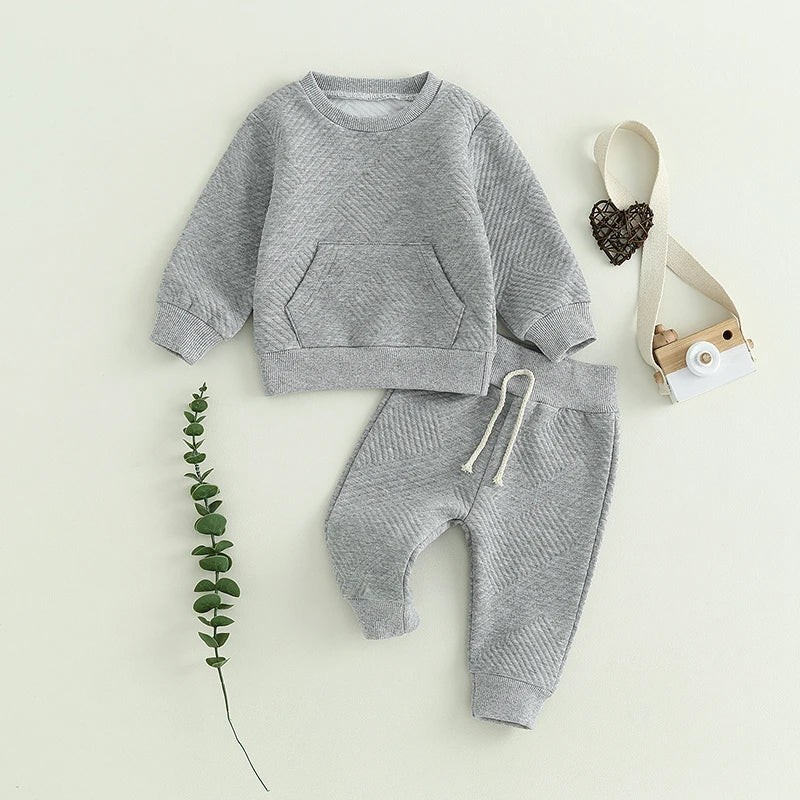 Maxy 2Pcs Baby Boys Fall Winter Outfits Long Sleeve Front Pocket Textured Sweatshirt Tops and Trousers Set Toddler Clothes