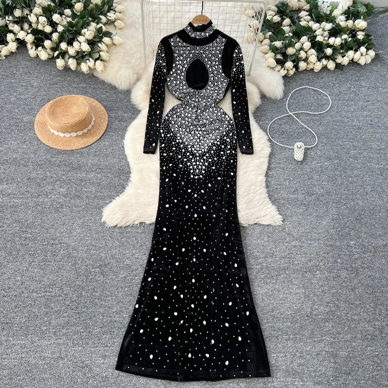 Maxy Elegant Long Sleeves Vintage Turtleneck Chic Rhinestone Slim Velvet Dresses Korean Evening High Street Autumn Winter Clothing