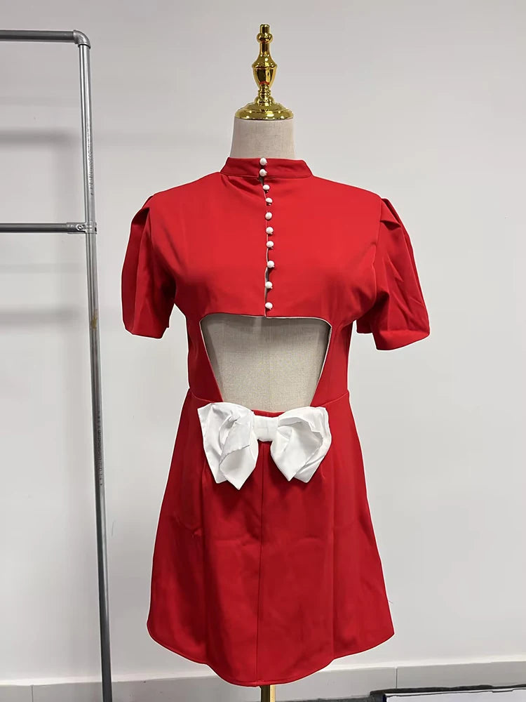 Maxy TWOTWINSTYLE Hit Color Spliced Bowknot Dresses For Women Stand Collar Short Sleeve Single Breasted Hollow Out Mini Dress Female