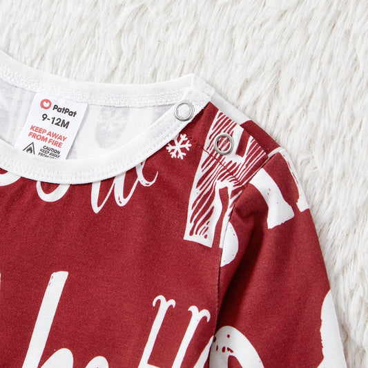 PatPat Christmas Family Matching Allover Letter Print Burgundy Long-sleeve Naia Pajamas Sets (Flame Resistant)