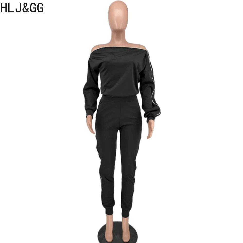 HLJ&GG Autumn New Side Zipper Skinny Pants Two Piece Sets Women Off Shoulder Long Sleeve Top And Pants Outfits Casual Tracksuits