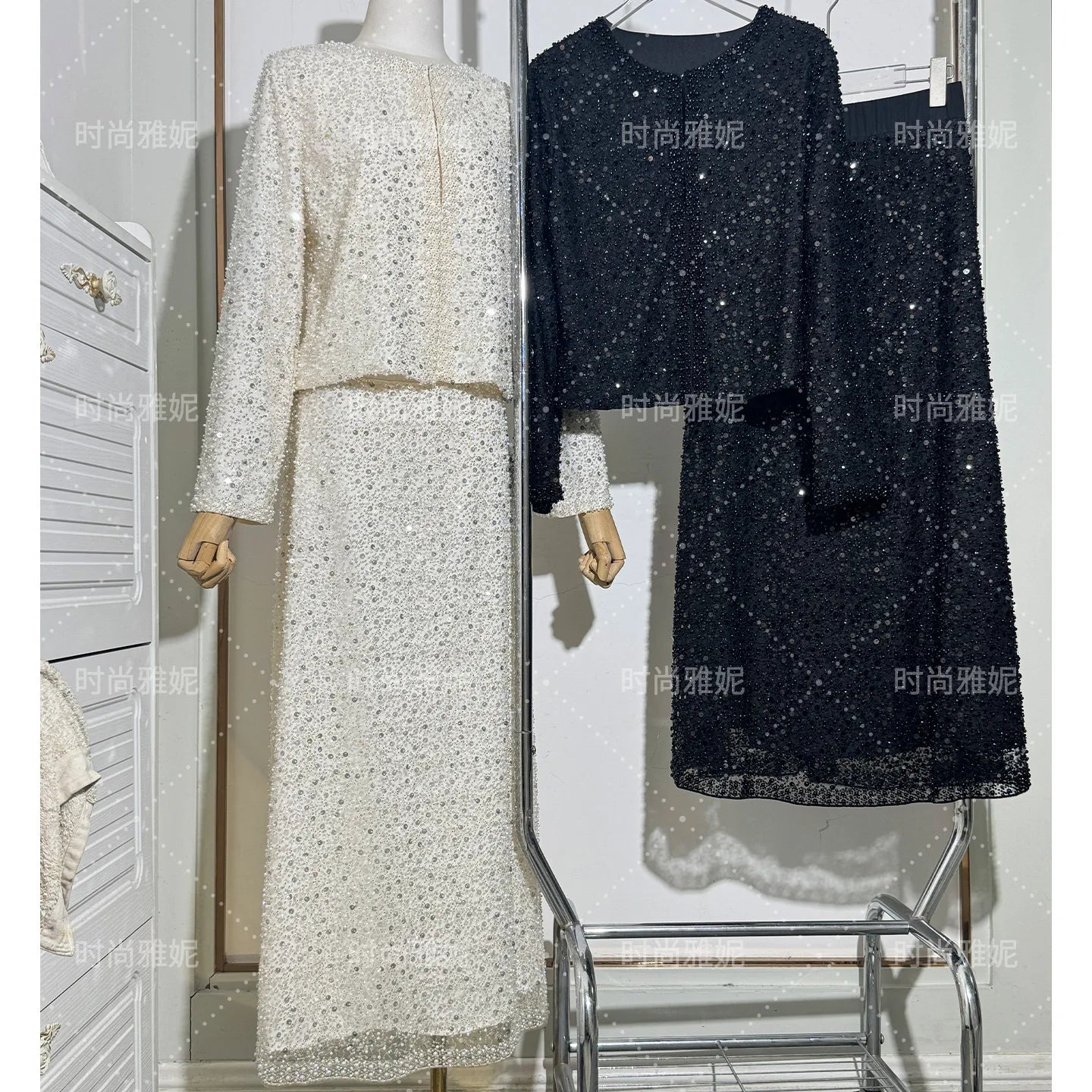 Maxy Fashion Heavy Sequin Beaded Cardigan Jacket for Women Slim Fit Bodycon Mid-Length Skirt Trendy Long Sleeve Coat