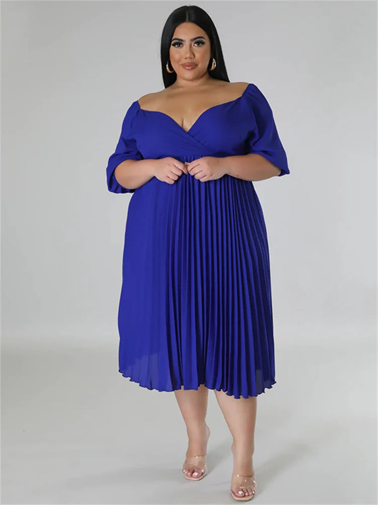 Maxy Plus Size Women Clothing Dresses for Women New In Summer Solid V Neck Maxy Dress Fashion Pleated dtress