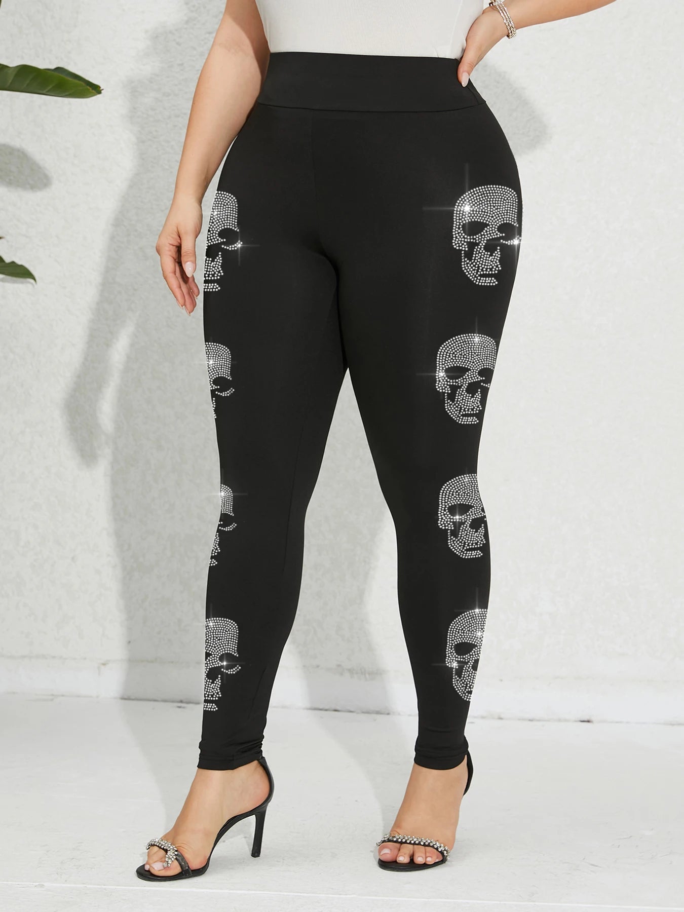 Maxy Plus Size Women's Pants Skeleton Pattern Rhinestone Leggings Gym Elasticity Sports Tights Casual Youthful Female Clothing Winter