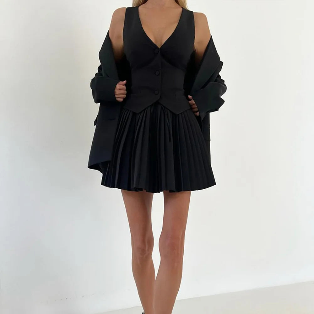 Maxy Women's Popular Skirt Two Piece Sets Women V Neck Single-breasted Vest Tops Pleated Curvy Chic Mini Dress Elegant Clothes Fall