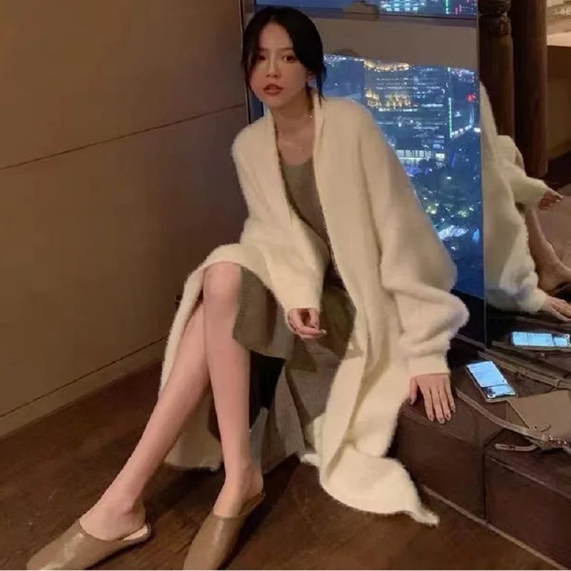 white Long Cardigan for women 2025 new winter clothes Knitted fluffy long sleeve Cashmere sweater coat korean style warm vintage
