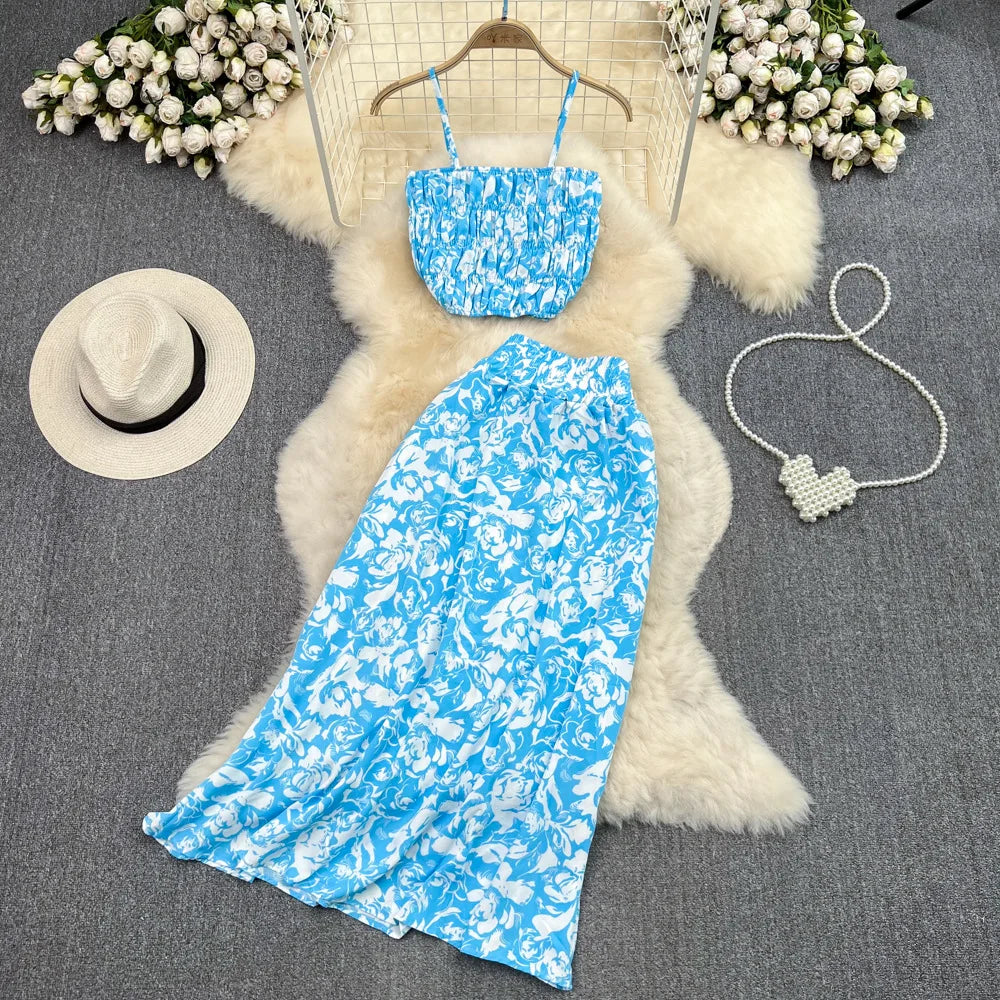 Maxy Summer Floral Print Two Pieces Set Women Fashion Elegant Casual Fold Sleeveless Tops And Long Skirt Sexy Slim 2 Piece Sets