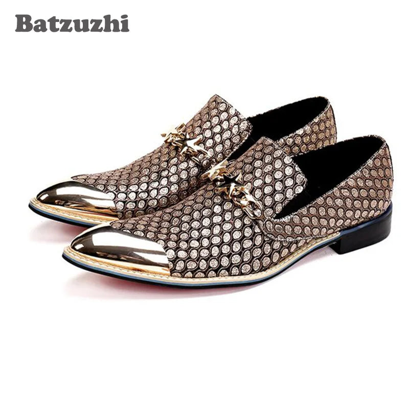 Visco Italian Fashion Men Shoes Genuine Leather Pointed Toe Dress Shoes Business Gold Wedding Formal Shoes Designer Sepatu Pria