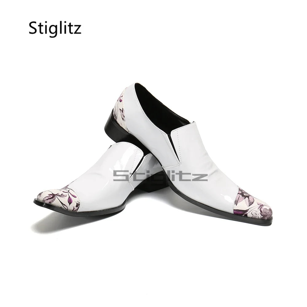 Visco Black White Men Dress Leather Shoes Small Square Toe Rhinestone Mixed Colors Prints Genuine Leather Party Banquet Business Shoes