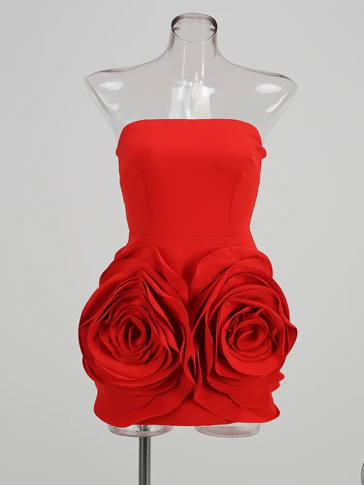 Maxy Sexy Strapless 3d Big Flower Evening Dress Red Birthday Dresses for Women Elegant Prom Gown Summer Fashion Party Outfits
