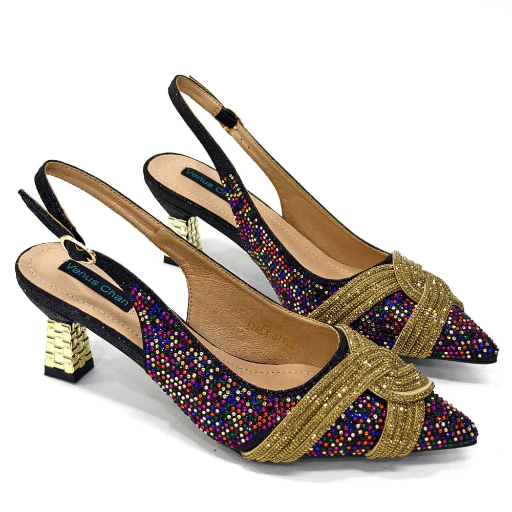 Maxy Fashion Italian Design Exquisite Beaded Flower Embellishment Black Rainbow African Women's Pointed Toe Shoes and Bag Set