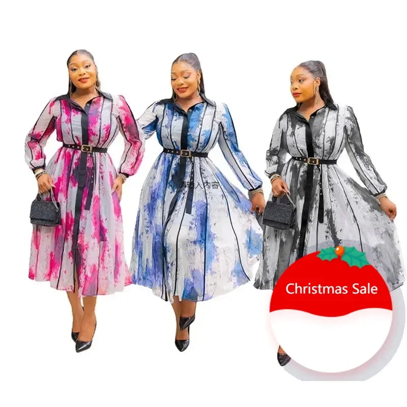 Dashiki African Dresses for Women Elegant 2025 Spring African Long Sleeve V-neck Print Midi Shirt Dress Outfits Ankara Dresses