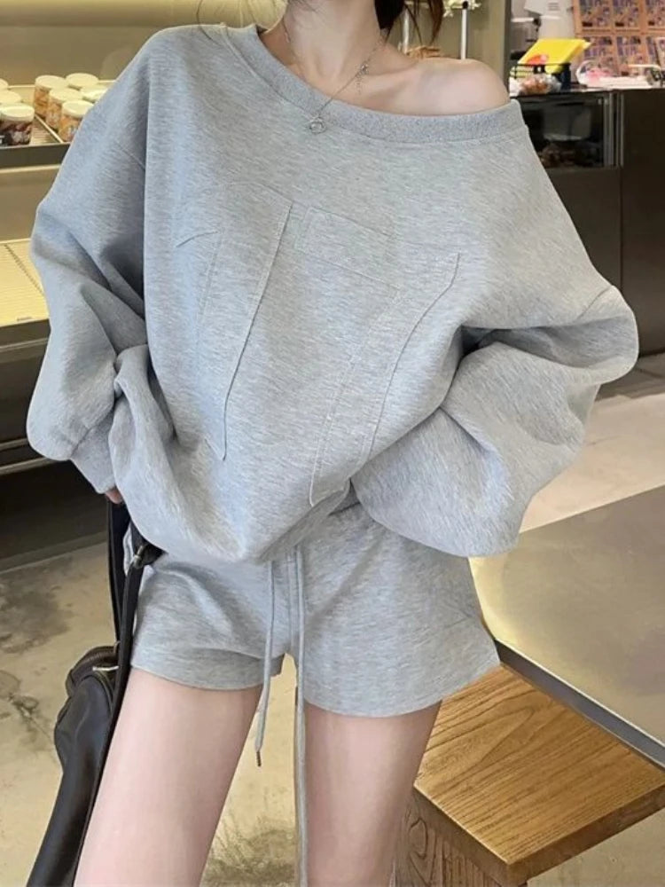 Maxy Fashion Gray Sport Style 2 Piece Set Loose Pullovers + Short Pant Women Autumn High Waist Slim Casual Sweatshirt New