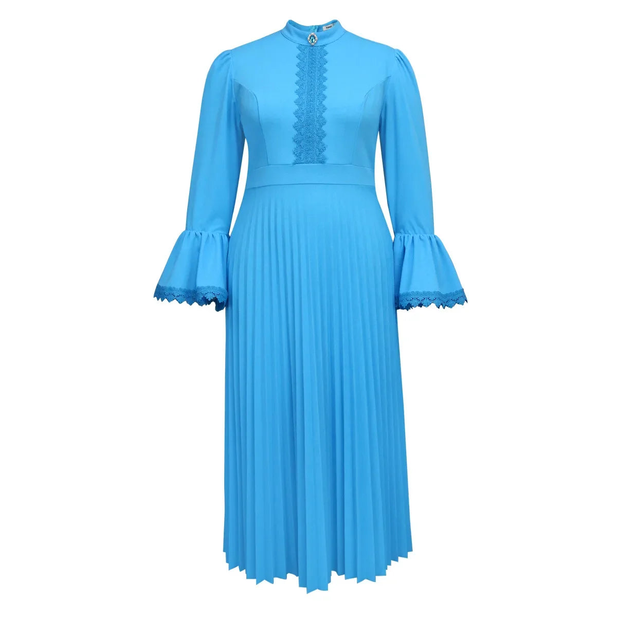 Women Blue Gracy's Dress Stand Collar Long Flare Sleeves Lace Patchwork Elegant Pleated A-Line Church Evening Banquet Party Gowns