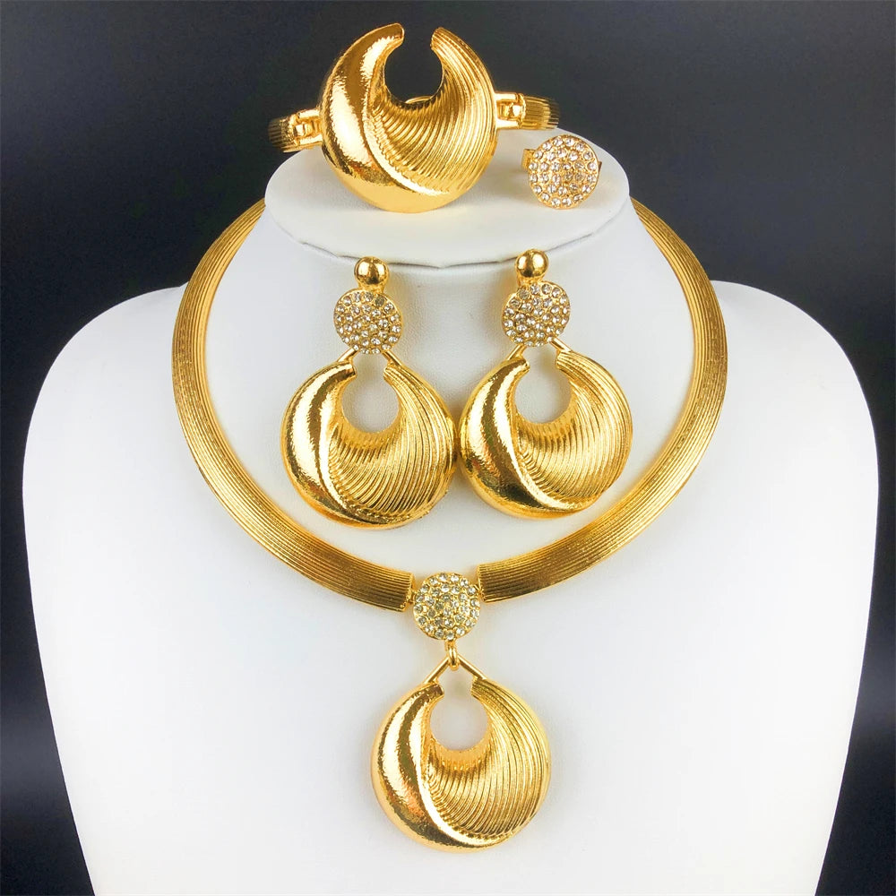 Maxy Classic Design Women Jewelry Set High-Quality Gold-Plated Choker Set Big Pendant Earrings Bracelet Ring Gift