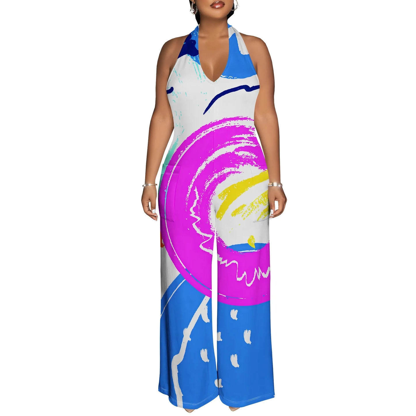 Maxy Bold Abstract Brushstroke Halter V-Neck Maxy Dress - Women's Modern Artsy Party Resortwear Evening Beachwear