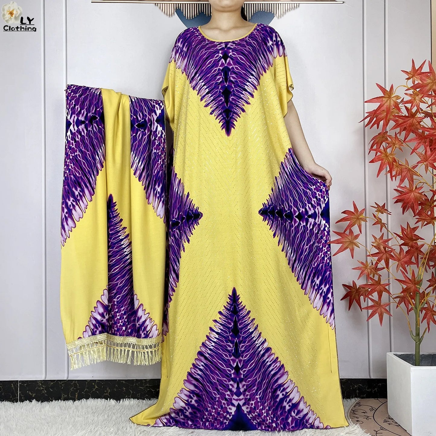 Maxy New Muslim Women Dashiki Printed Dress Flower Diamonds Loose Dress With Big Scarf Islamic African Women Short Sleeve Abaya
