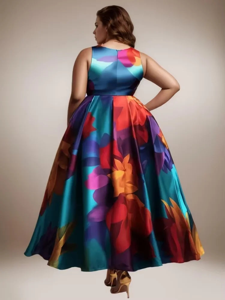 Maxy Plus Size Women Floral Printing Dress Short Sleeve Round Neck Chiffon A-line Female Elegant Fashion Summer Dresses