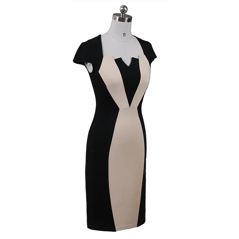 Women Office Lady Pencil Dress 2024 Elegant Business Work Wear Stretch Short Sleeve Patchwork Slim Bodycon Female Sheath Dresses