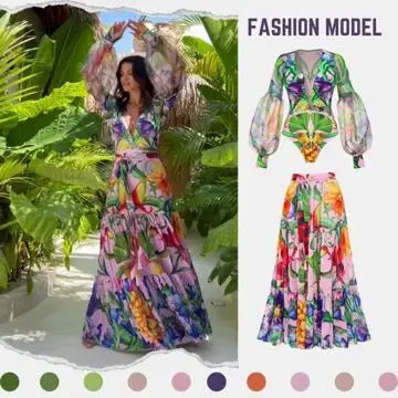 Maxy Women Swimwear V-neck Long Sleeve Flowers Printed One Piece Swimsuit and Skirt Beach wear Bathing Suit bikini Two piece