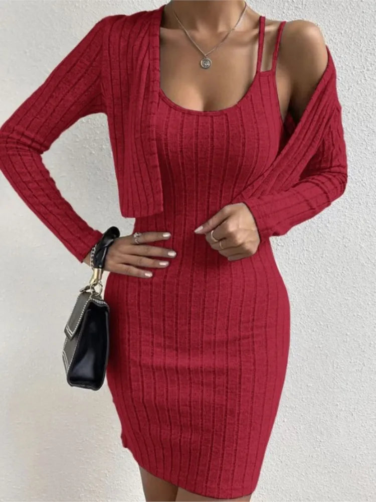 Maxy Fashion Women Slim Mini Dress 2 Piece Sets Autumn Ribbed Double Strap Bodycon Sleeveless Vest Dress + Long Sleeve Cardigan Set