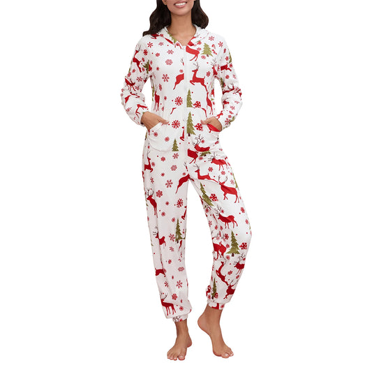 Women s Fleece Christmas Pajamas Jumpsuit Reindeer Print Long Sleeve Hooded Nightwear with Pockets for Winter Fall