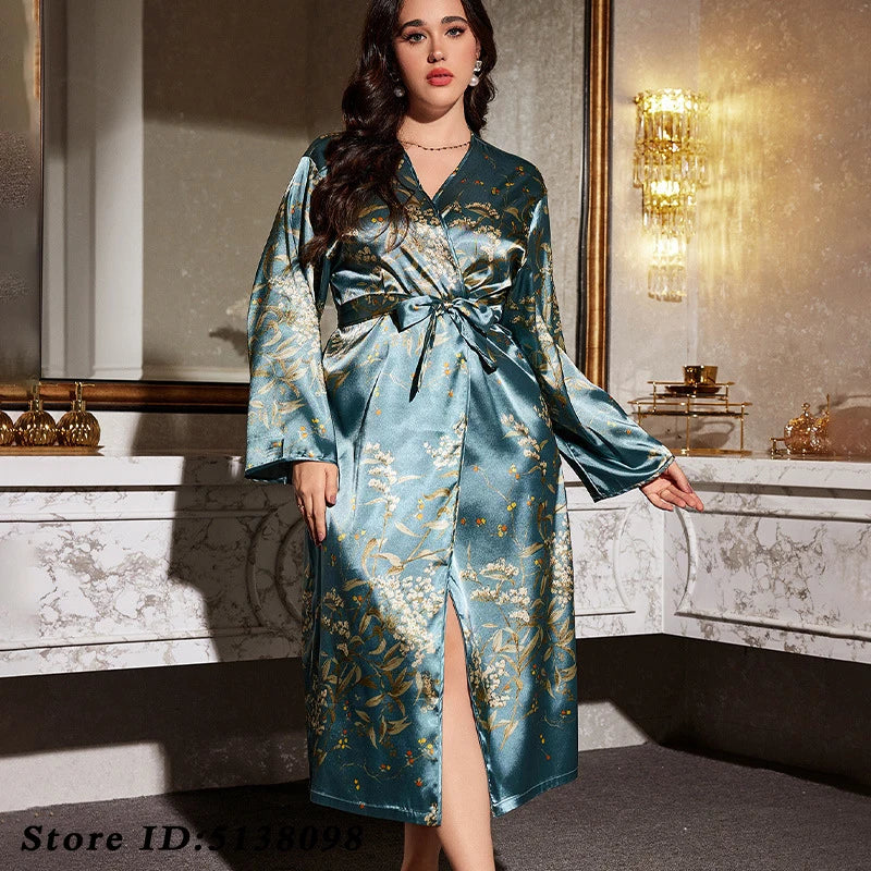 Maxy Print Cherry 2PCS Robe Set Spaghetti Strap Nightgown Spring Women Kimono Bathrobe Gown Large Size 5XL Sleepwear Satin Home Wear