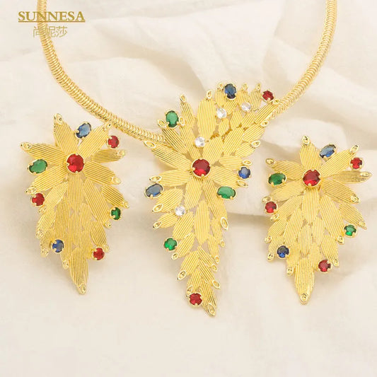 SUNNESA Colorful Zircon Luxury Dubai Jewelry Sets for Women Golden Necklace Earrings Party Gift Fashion African Bracelet Rings