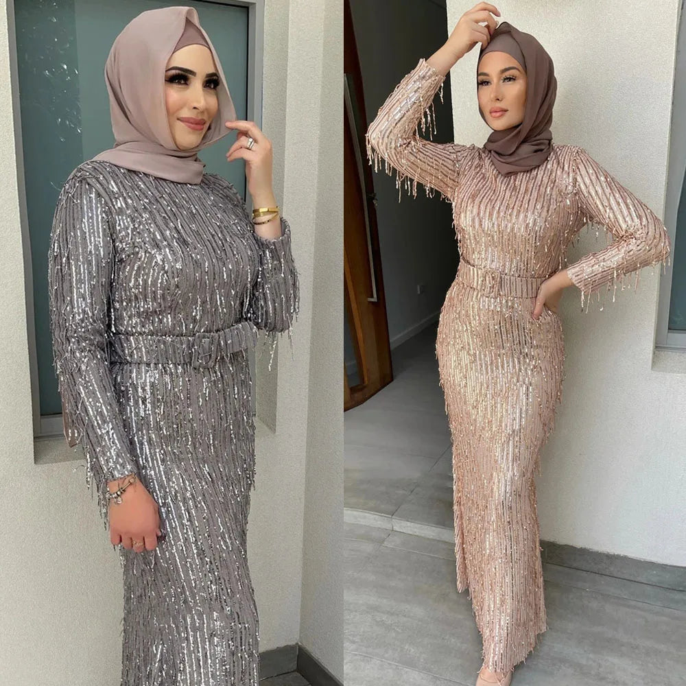 Maxy Modest Muslim Women Abaya Sequins Beads Bodycon Long Dress Turkey Arab Kaftan Islam Evening Party Gown