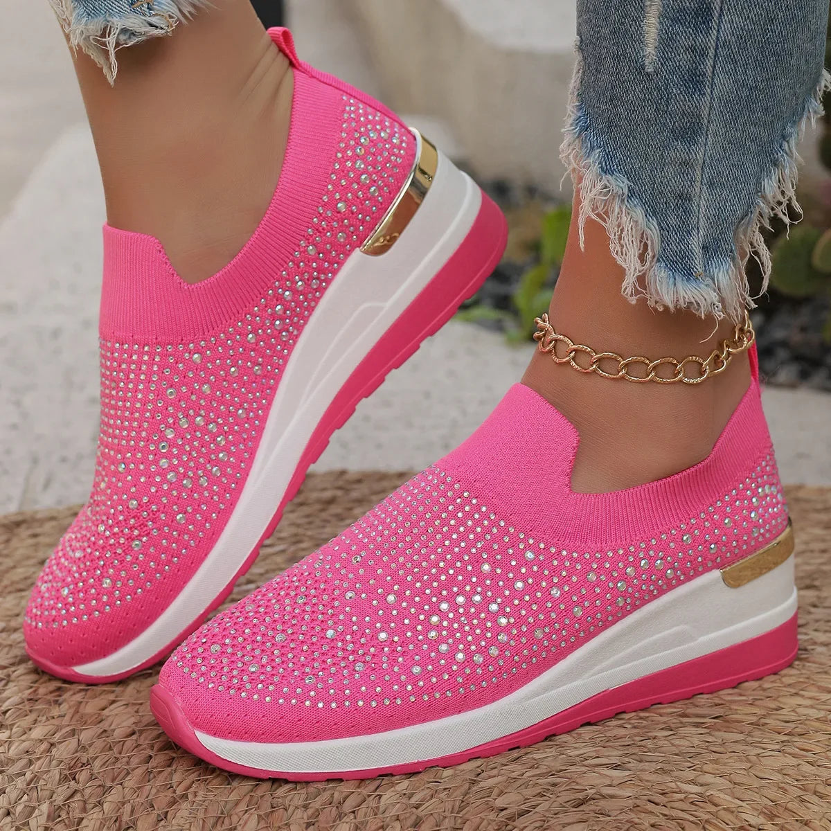 Visco Orange Rhinestone Casual Sneakers Breathable Wedge Women Lightweight Shoes Slip On New Comfortable Spring Mesh Sports Shoes