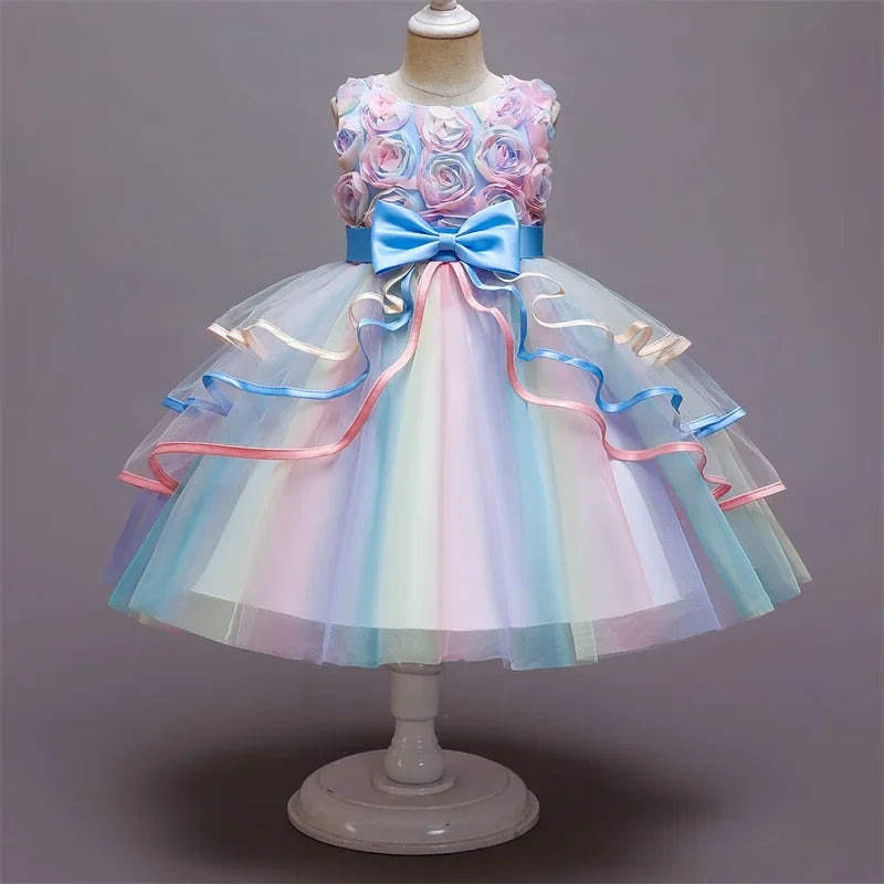 Maxy Girls Rainbow Tulle Dresses Kids Wedding Tutu Layers Cake Princess Elegant Party Prom Dress Children Communion Evening Clothes