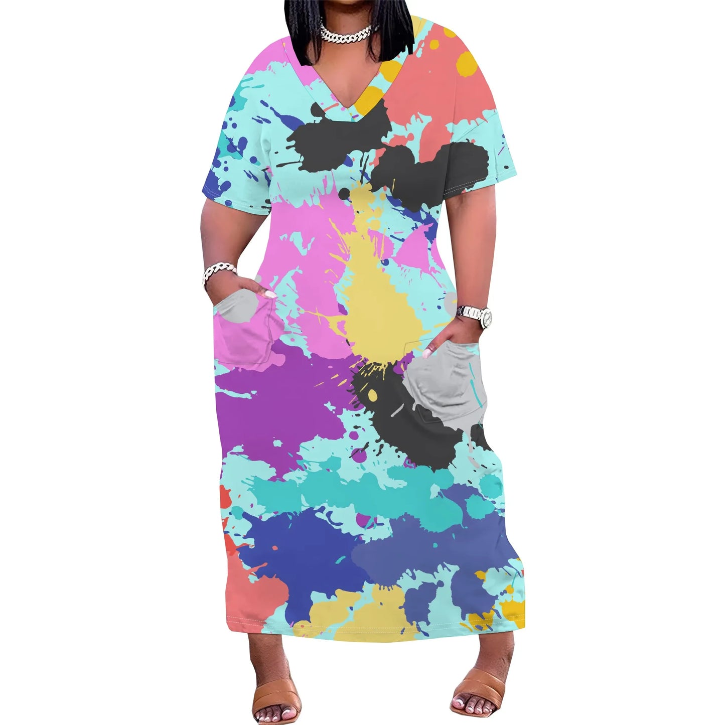 Maxy Plus Size Women Dress with Pockets, Short Sleeve Loose and Comfortable Long Dress for Beach, Party, Work, Spring