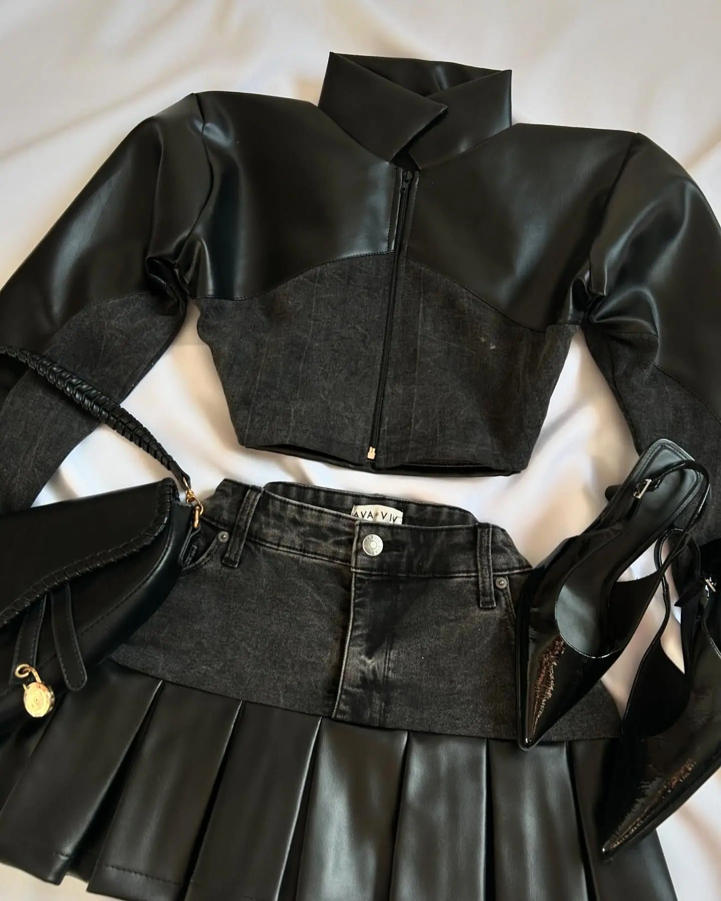 Maxy Two Piece Sets Women Outfits Y2K Pu Leather Spliced Denim Black Skirt Sets New Harajuku Gothic Sexy Zipper Jacket Mini Skirt
