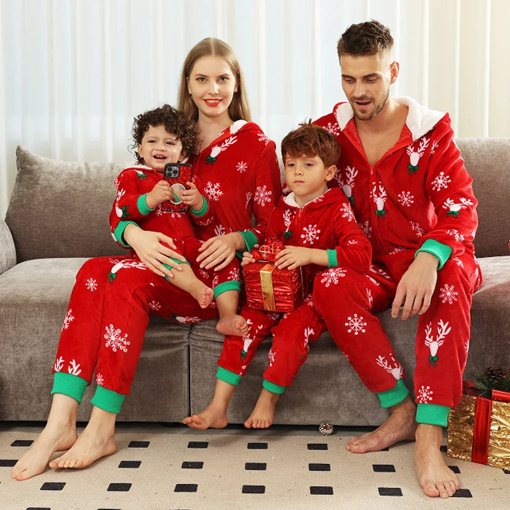 New Family Christmas Clothes Red Flannel Pajamas Warm Soft Jumpsuit Print Parent-child Matching Outfits Hooded Romper Xmas Look