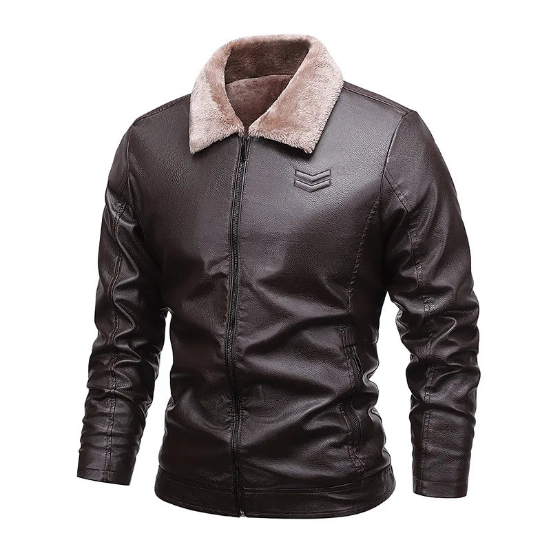 Maxy Men's Leather Jacket with Plush Lining Motorcycle Style Top  Artificial Leather Jacket Mens Fur Coat  Winter Men