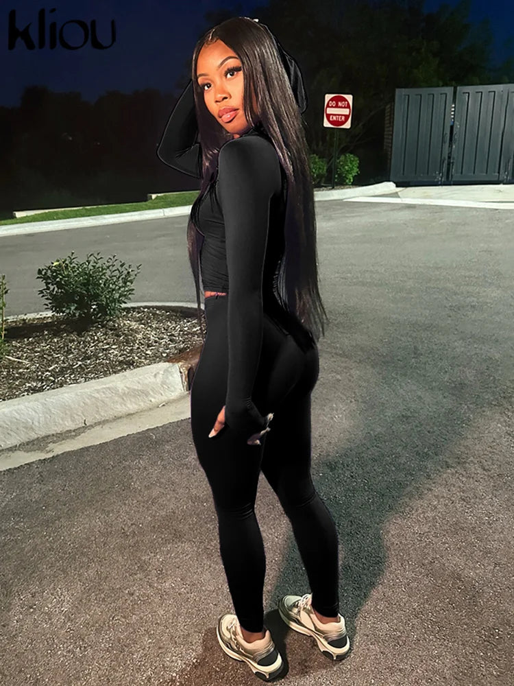 Maxy Casual Women 2 Piece Set Classic Tracksuits Solid Long Sleeve Zip-up Hood Tops+Slim Elastic Pants Sporty Concise Outfits
