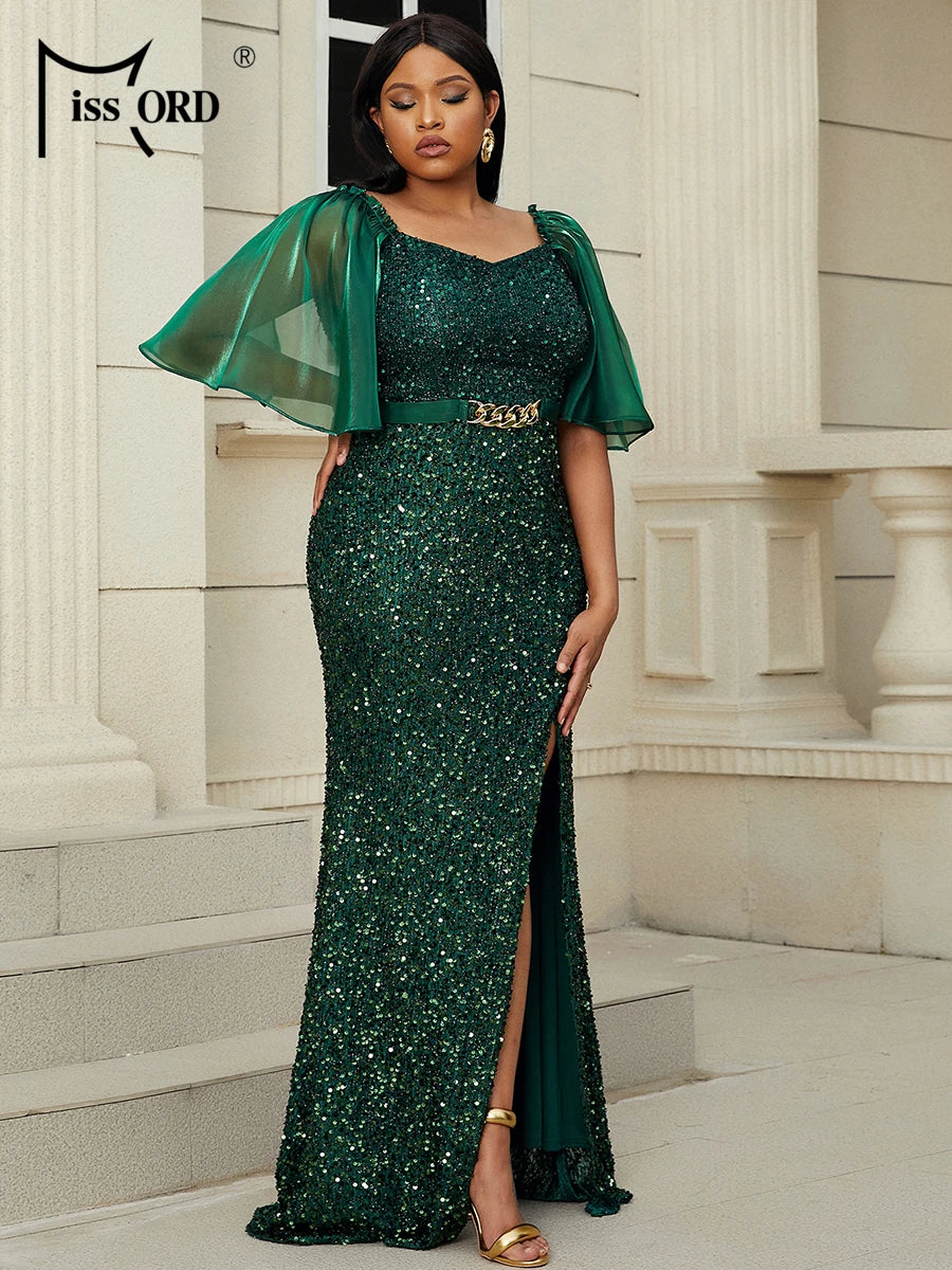 Momsey Plus Size High Waist Split Dress Sequined Evening Dress Mesh Flowy Sleeves Women's Comfortable Prom Dress