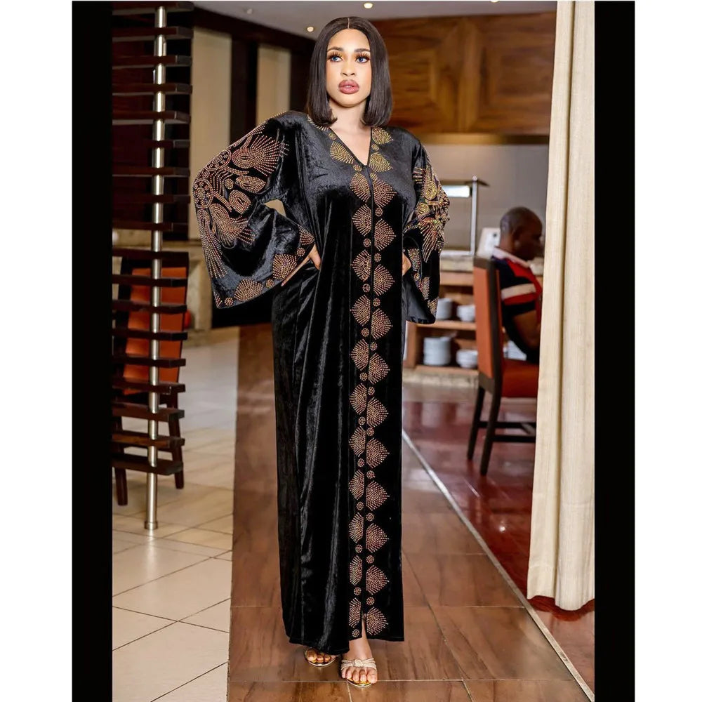 Nigeria Diamonds Velvet African Dresses For Women Evening Party Gown African Dashiki Moroccan Kaftan Abaya Afircan Clothing Gown
