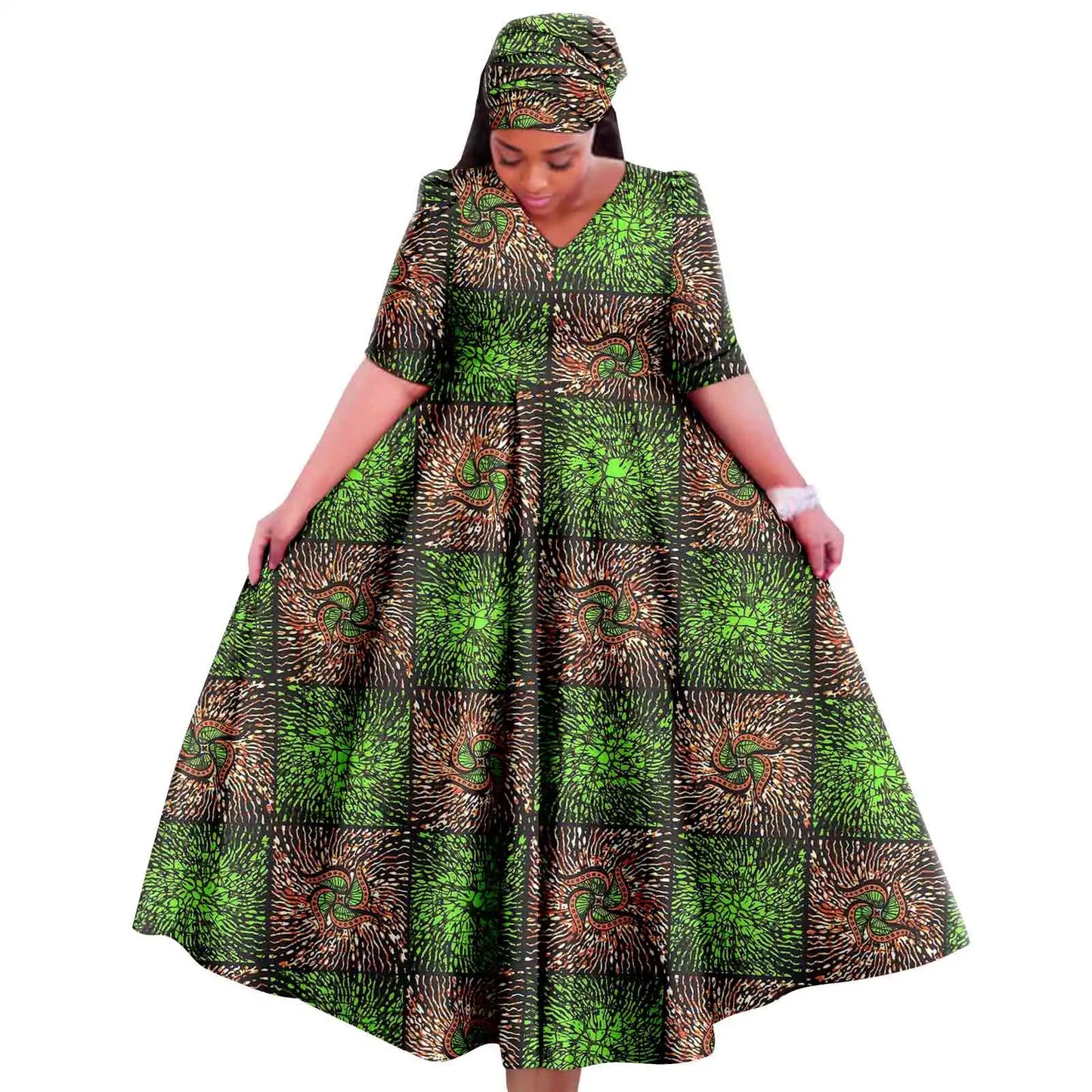Maxy Church Dresses for Woman Traditional Party Gown V Neck Maxy Dress with Free Turban Wedding Africa Turkey Style 2425083