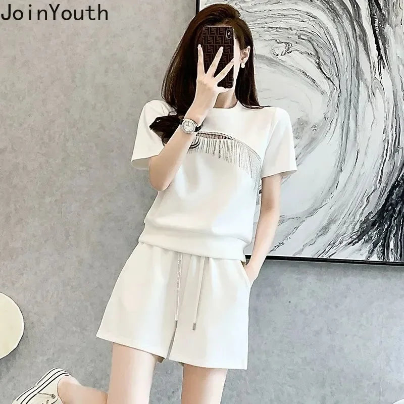 Maxy Tracksuit Two Piece Set Women Short Sleeve Hollow Out Tassel Tshirts Chic Casual Shorts Outfits Summer Sets Roupas Femme