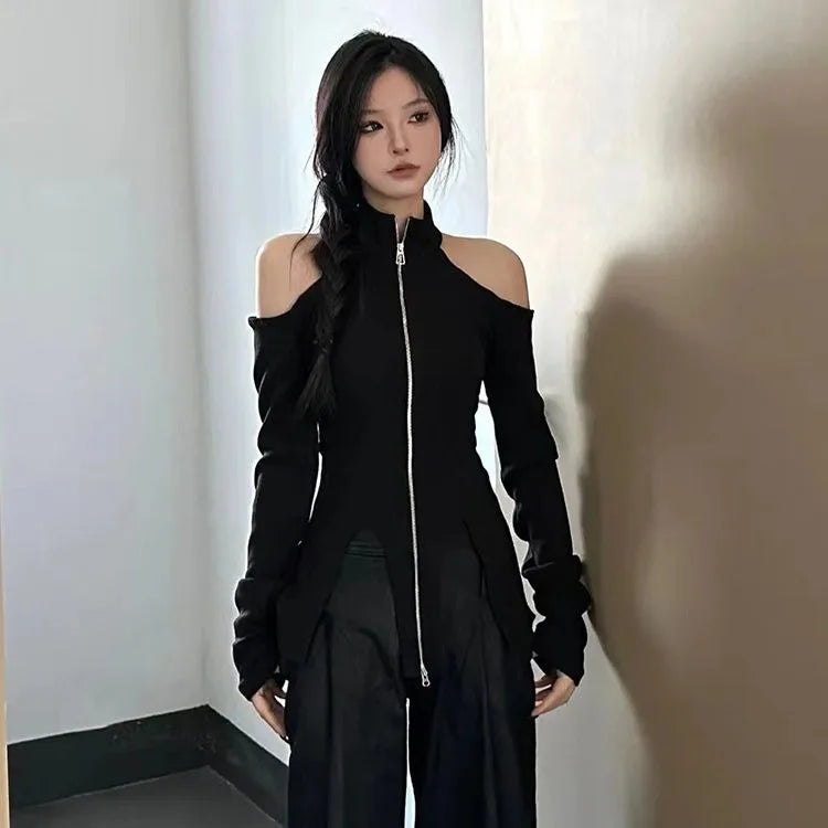 Amay New Stand Collar Zipper Tops Women Off Shoulder Long Sleeve T-shirts Y2k E-Girl Slim Fit Halter Knitted Tee Shirt Sweater