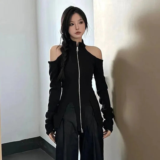 Amay New Stand Collar Zipper Tops Women Off Shoulder Long Sleeve T-shirts Y2k E-Girl Slim Fit Halter Knitted Tee Shirt Sweater