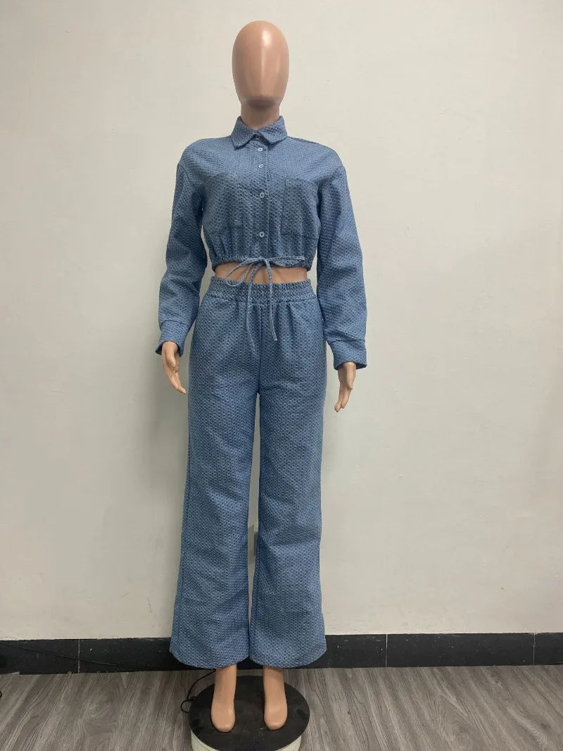 Women Fashion Denim Two Piece Set Turn Down Collar Long Sleeve Buttons Drawstring Jackets Crop Top Wide Leg Pants Jeans Suits