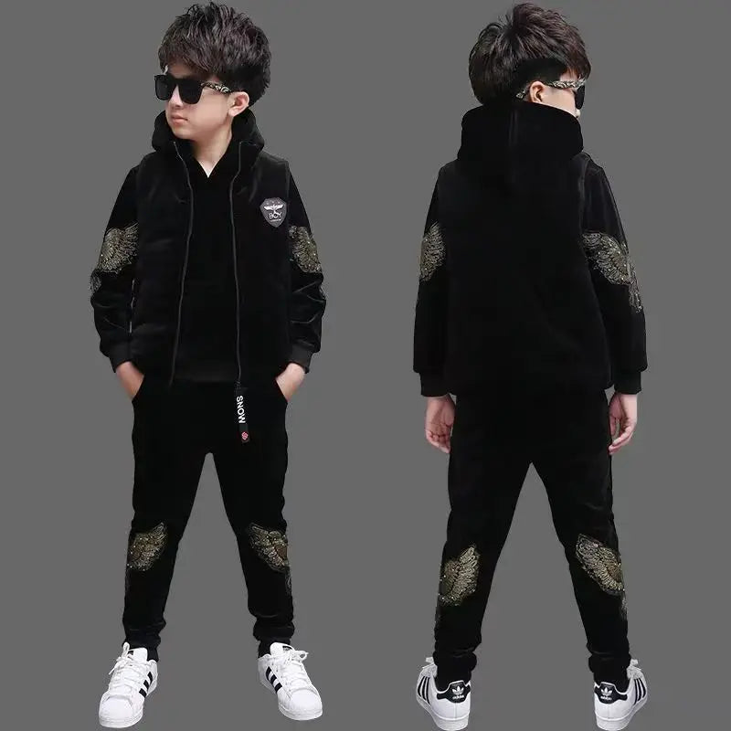 Maxy 2024 Winter Boys tracksuit Autumn Toddler Teenager Clothes Warm velvet jacket + Sweater + Pant Children Kids 8 9 10 11 12 year